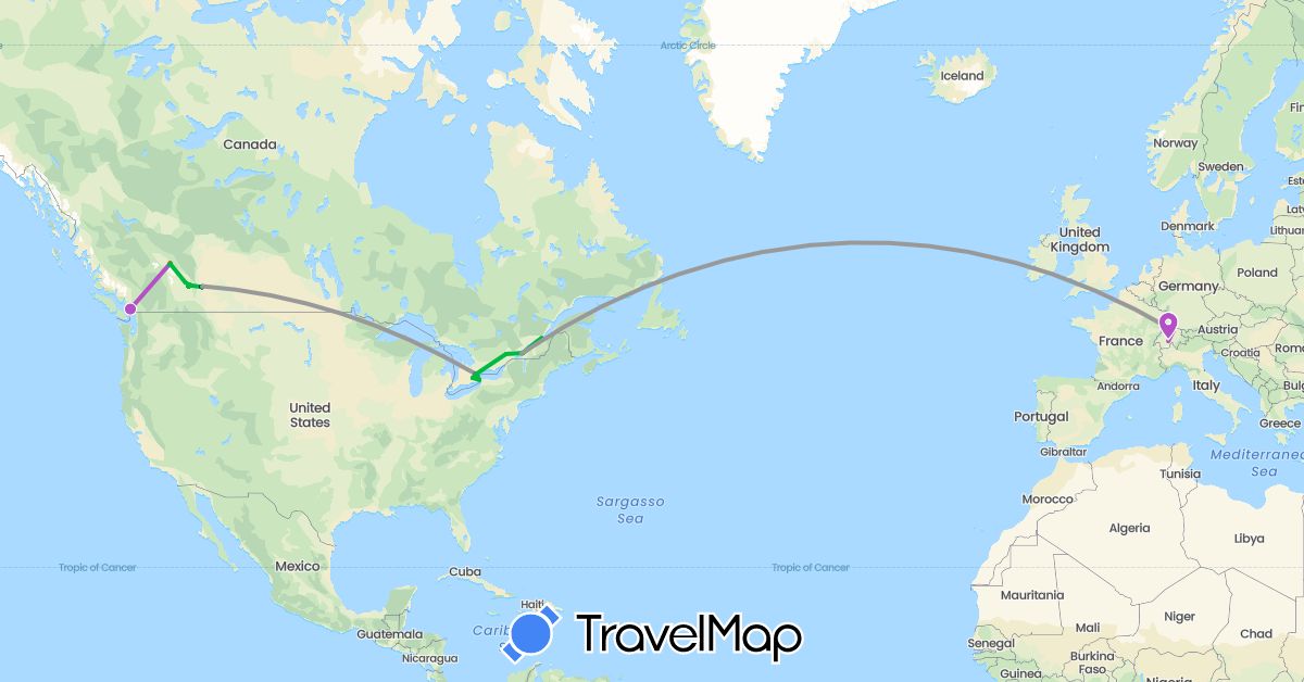 TravelMap itinerary: driving, bus, plane, train, hiking, hitchhiking in Canada, Switzerland (Europe, North America)
